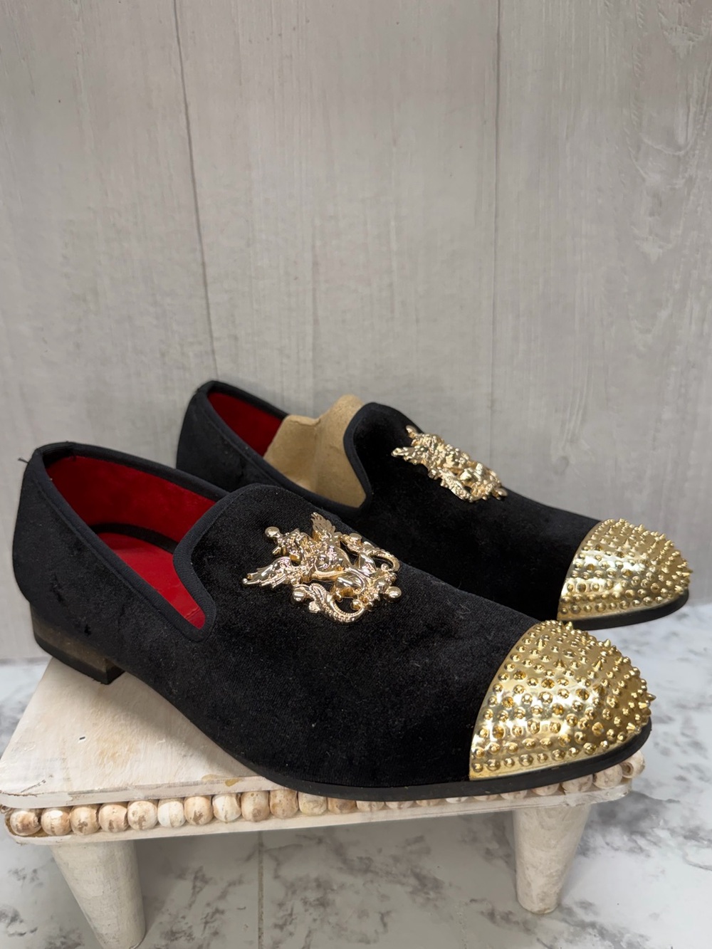 JITAI Men's Black Velvet Slip-on Loafers with metallic gold spike and emblem